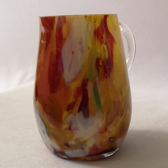 Lovely Tutti-Frutti Pattern Hand-blown Art Glass Vessel Applied Clear Handle - Picture 4 of 6